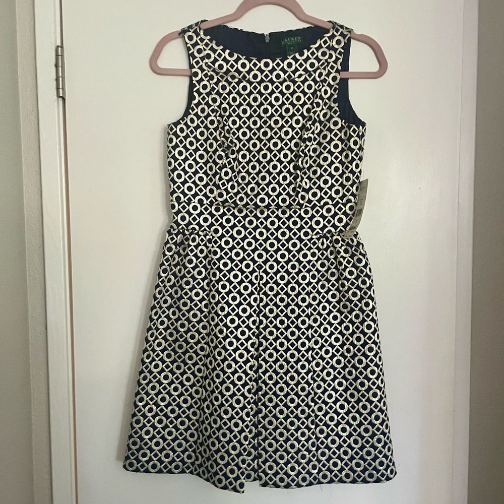 NWT Ralph Lauren Navy & Gold Metallic Sleeveless Dress